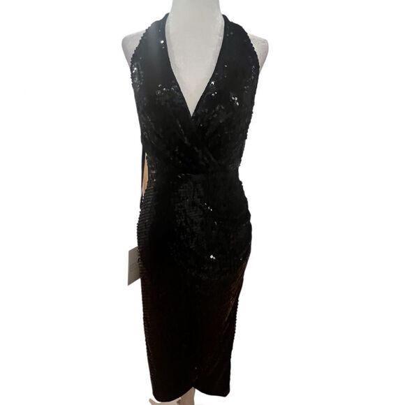 NWT Mac Duggal black sequin midi Halter dress women's size 2 with side ruching - Picture 9 of 14